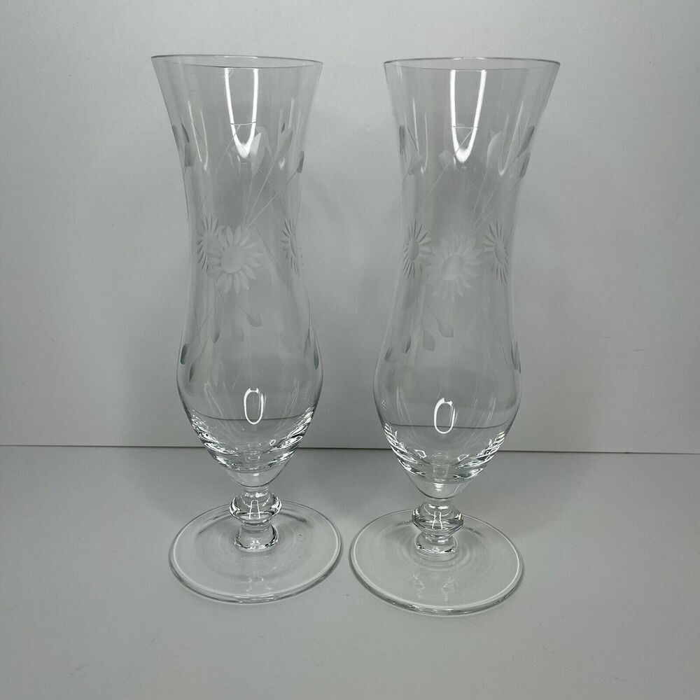 Large 16oz Wine‎ Champagne Flute Clear Etched Glass Floral Glasses Footed Long